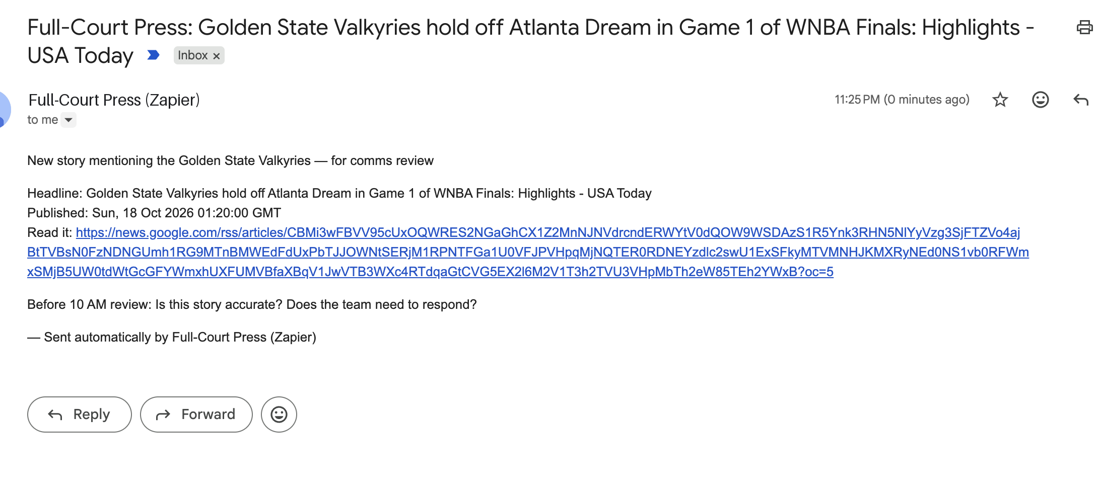 Sun 18 Oct, 11:25 PM · Test email. Headline, publish date and link match the feed item exactly.