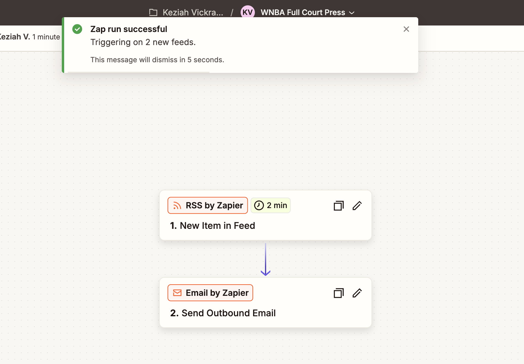 Sun 11:28 PM · Zap published and triggering on new feed items.