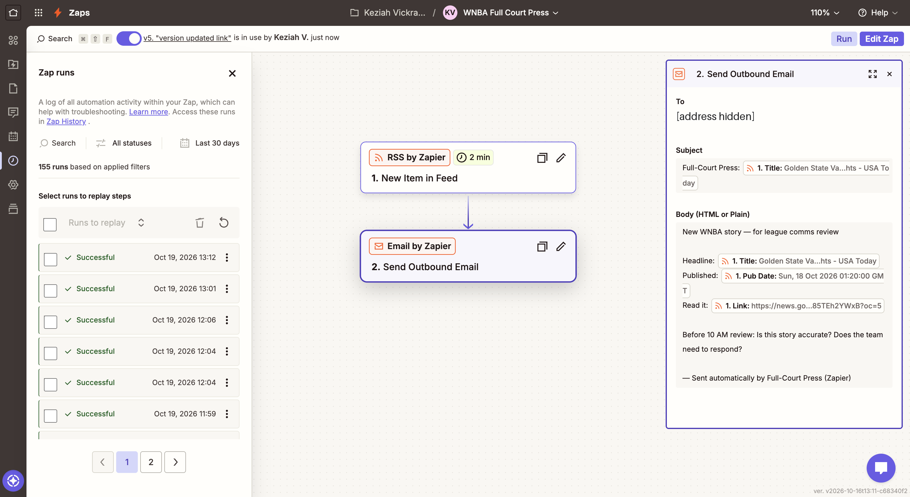 Mon 19 Oct, 1:44 PM · Zap history: 155 runs so far, each checkable against its feed item.
