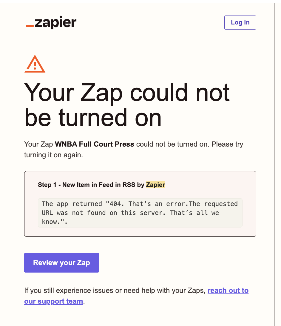 Sun 11:56 PM · Google returned a 404, so Zapier refused to turn the Zap on. I returned to the league-wide feed and reframed the job as league comms.