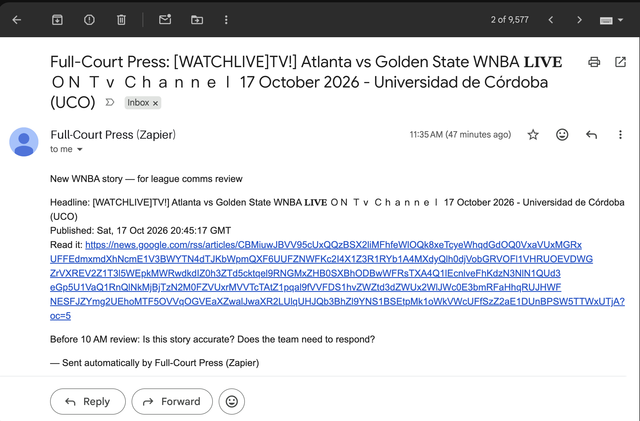 Mon 11:35 AM · As expected: a fake ‘[WATCHLIVE]TV!’ streaming page delivered as a news alert.