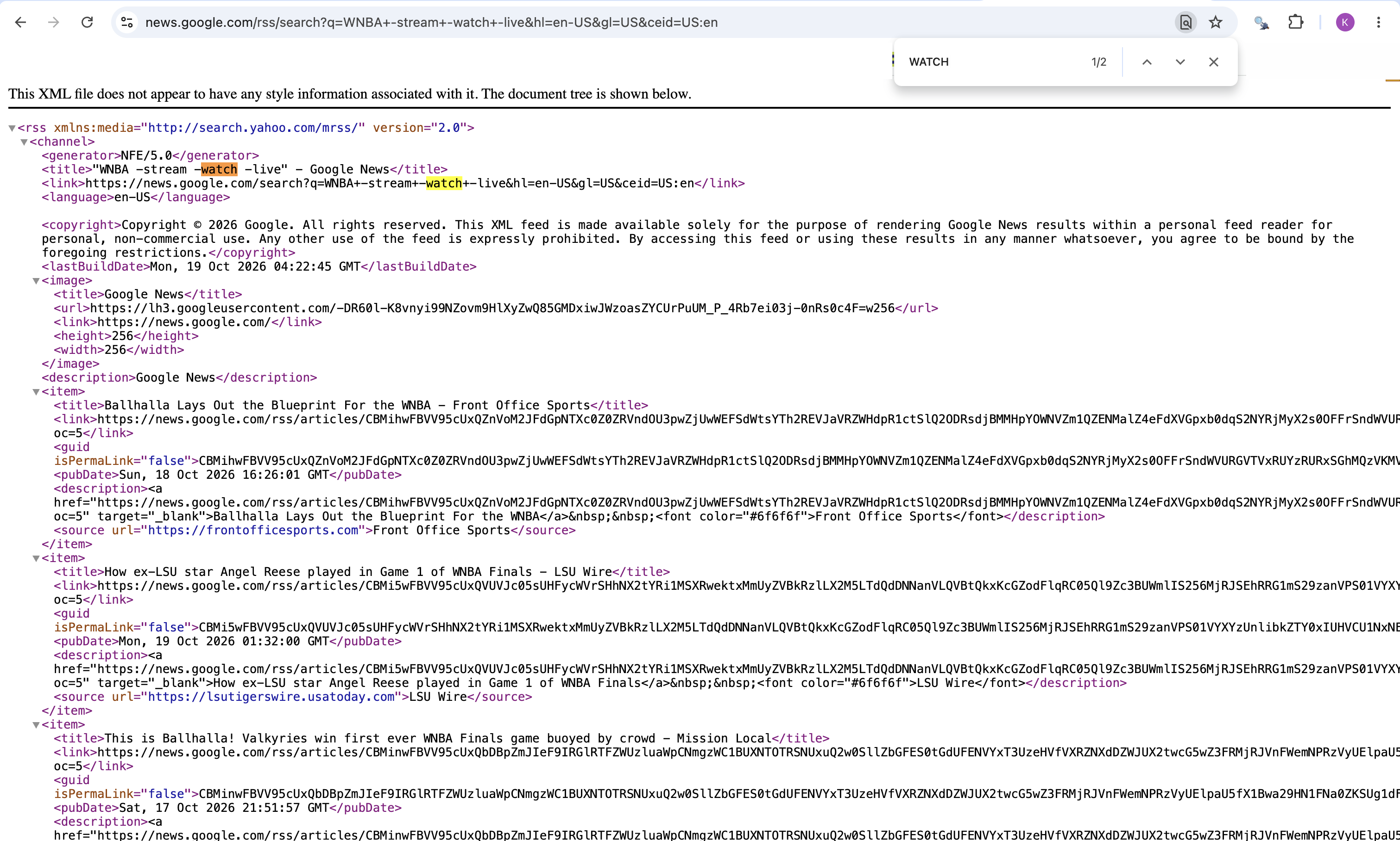 Mon 12:24 PM · Fix tested before publishing: the feed URL now excludes -stream -watch -live. Searching the feed for ‘WATCH’ finds it only in the search terms, not in any story.