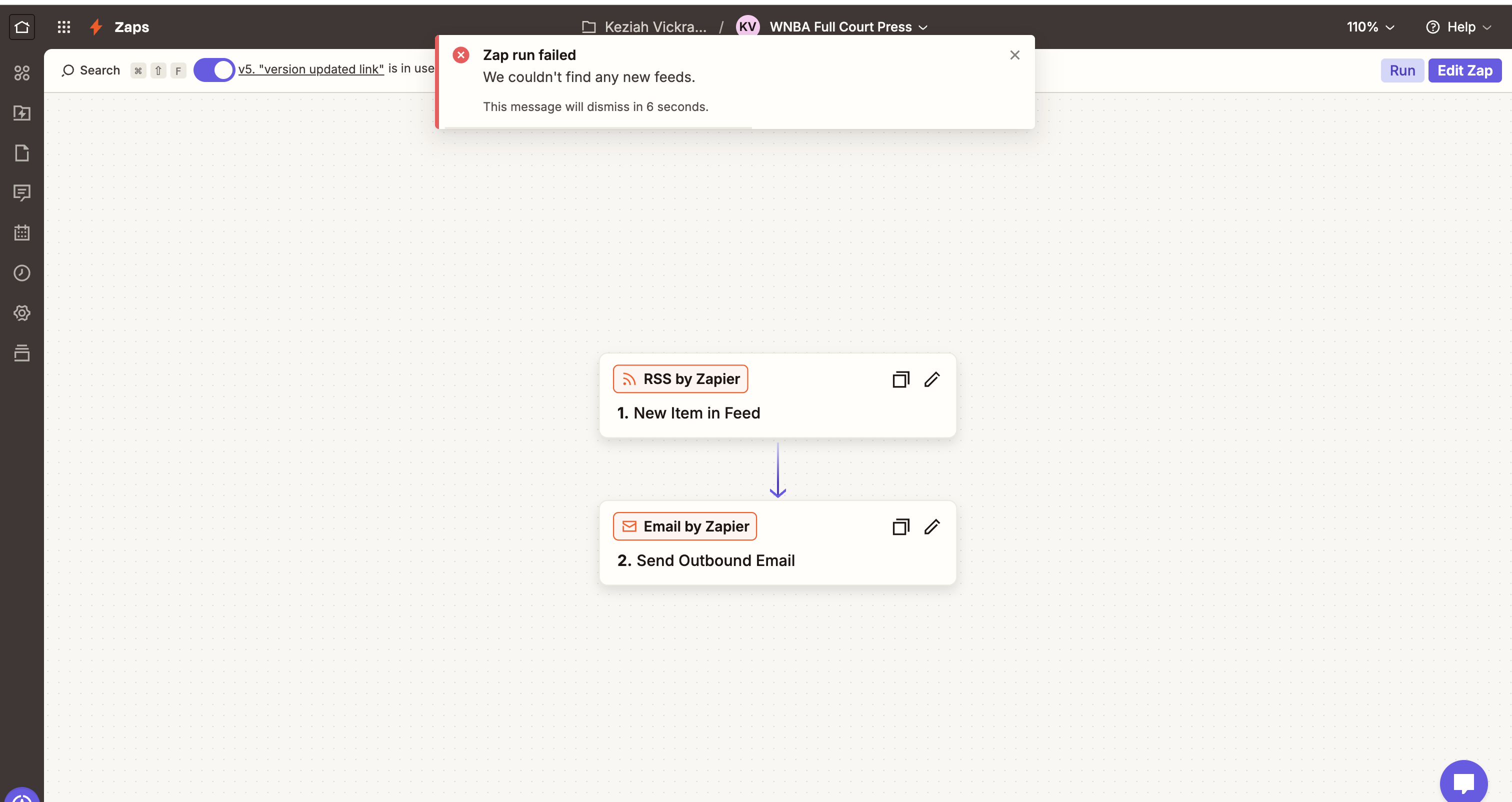 Mon 1:44 PM · Published as version 5. Zapier’s first check found no new items, but at 2:09 PM a batch of 15 older stories fired anyway.