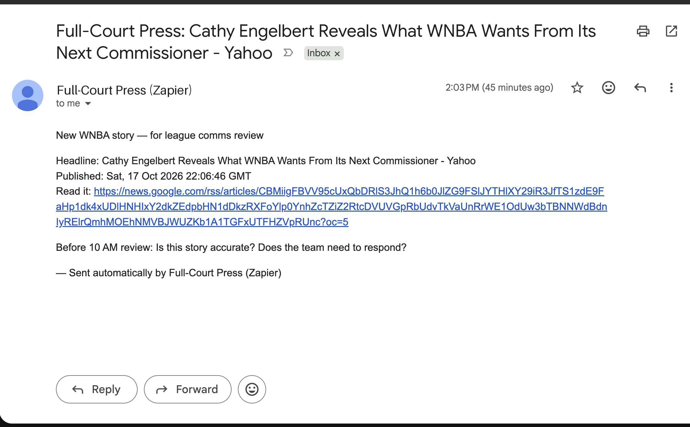 Mon 2:03 PM · After the fix: a real news story (Cathy Engelbert on what the WNBA wants from its next commissioner) delivered as an alert.
